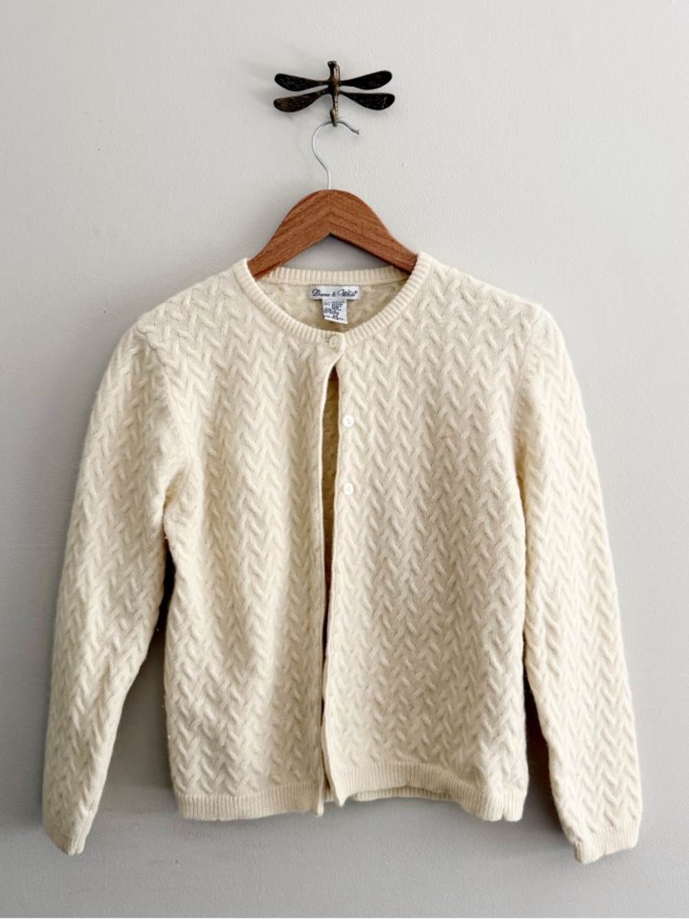 Vintage Wool & Angora Cable Knit Cream Crewneck Cardigan Sweater